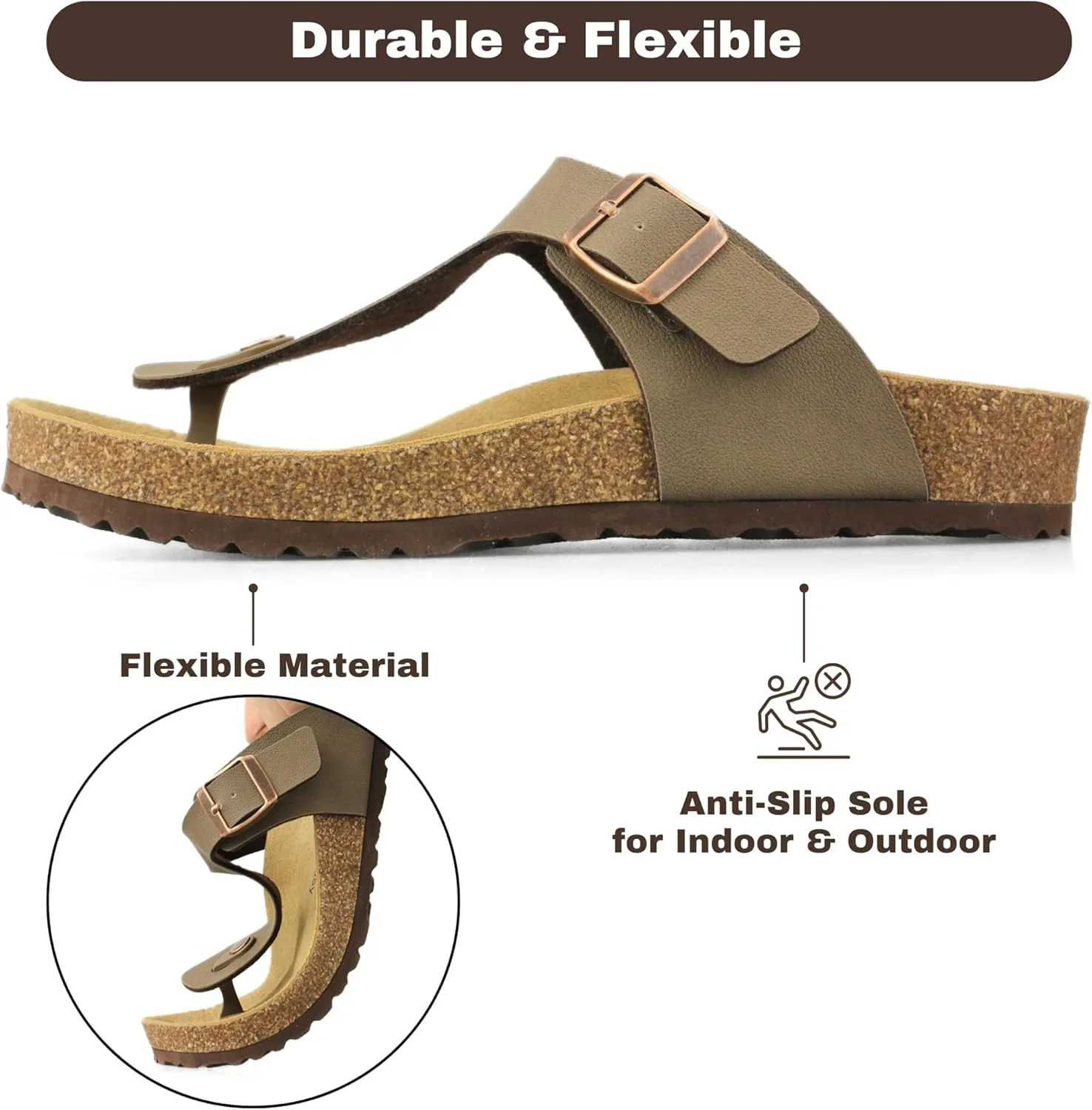 Women's Cork Footbed Flip Flops, Thong Sandals with Adjustable Straps and Arch Support, Open Toe Beach Sandals All-Day Comfort Summer Shoes