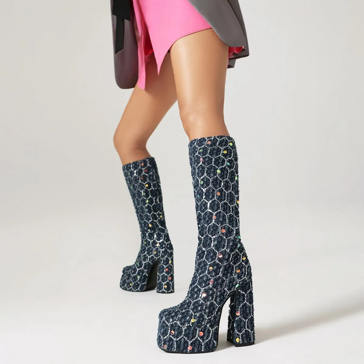 Women's Crocodile Chunky Heel Platform Square toe Knee High Boots Side Zipper Tall Boots Comfortable Stylish High heels Winter Boots