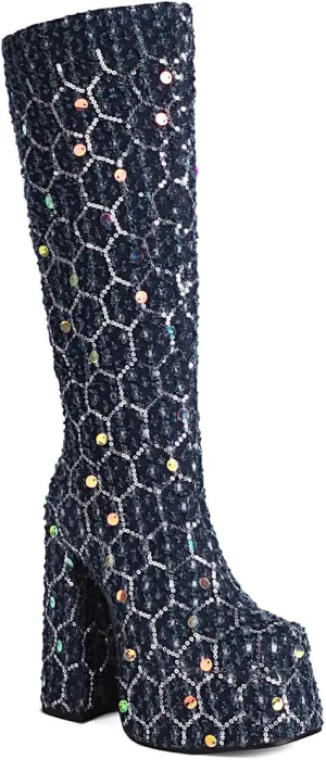 Women's Crocodile Chunky Heel Platform Square toe Knee High Boots Side Zipper Tall Boots Comfortable Stylish High heels Winter Boots