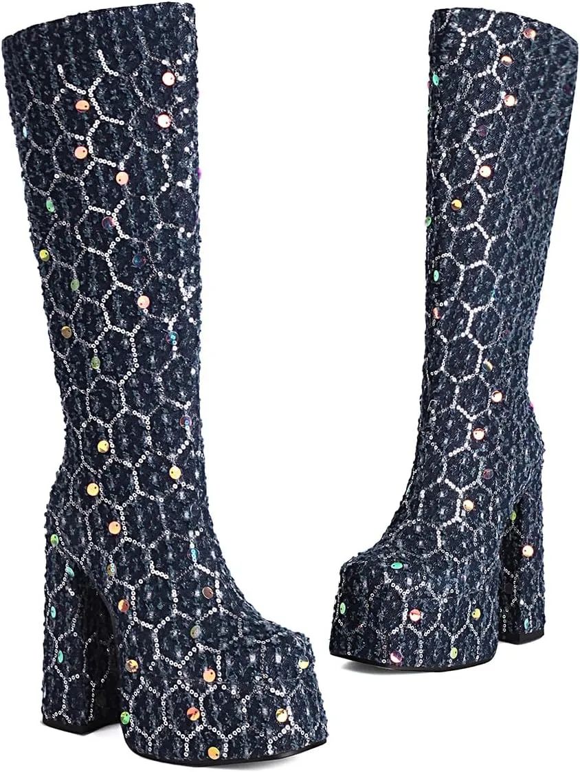 Women's Crocodile Chunky Heel Platform Square toe Knee High Boots Side Zipper Tall Boots Comfortable Stylish High heels Winter Boots
