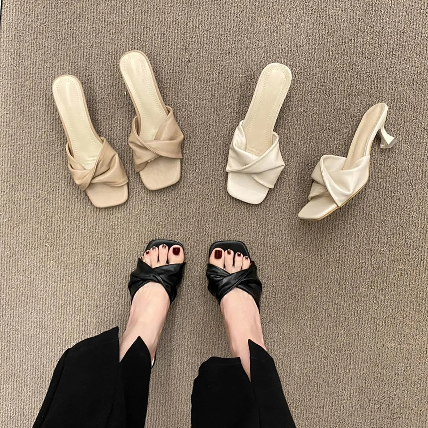 Women's Cross Strap Leather Kitten Heel Slip-On Sandals Fashion Square Open Toe Low Heel Party Mule Sandals for Daily Outdoor Evening Dating