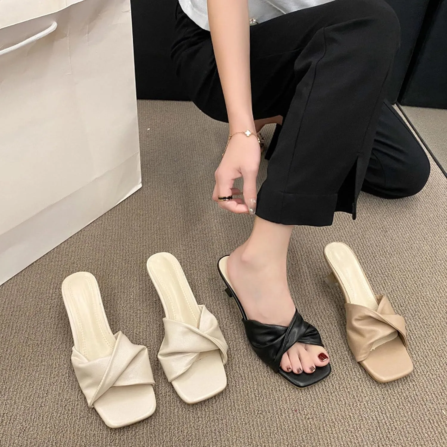 Women's Cross Strap Leather Kitten Heel Slip-On Sandals Fashion Square Open Toe Low Heel Party Mule Sandals for Daily Outdoor Evening Dating