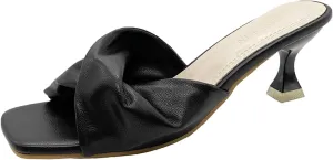 Women's Cross Strap Leather Kitten Heel Slip-On Sandals Fashion Square Open Toe Low Heel Party Mule Sandals for Daily Outdoor Evening Dating