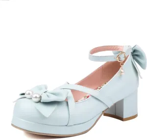Womens Cute Lolita Platform Cross Strappy Mary Janes Mid Chunky Heel Sweet Bow Ankle Strap Pumps Ladies Wedding Party Cosplay Uniform Dress Shoes