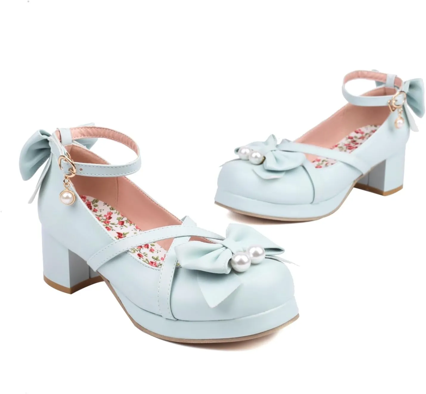 Womens Cute Lolita Platform Cross Strappy Mary Janes Mid Chunky Heel Sweet Bow Ankle Strap Pumps Ladies Wedding Party Cosplay Uniform Dress Shoes