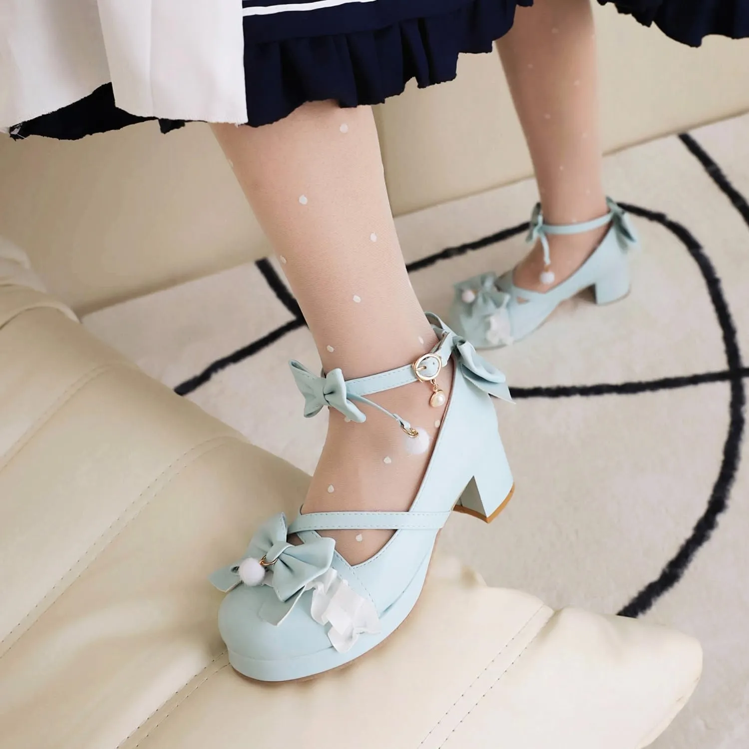 Womens Cute Lolita Platform Cross Strappy Mary Janes Mid Chunky Heel Sweet Bow Ankle Strap Pumps Ladies Wedding Party Cosplay Uniform Dress Shoes