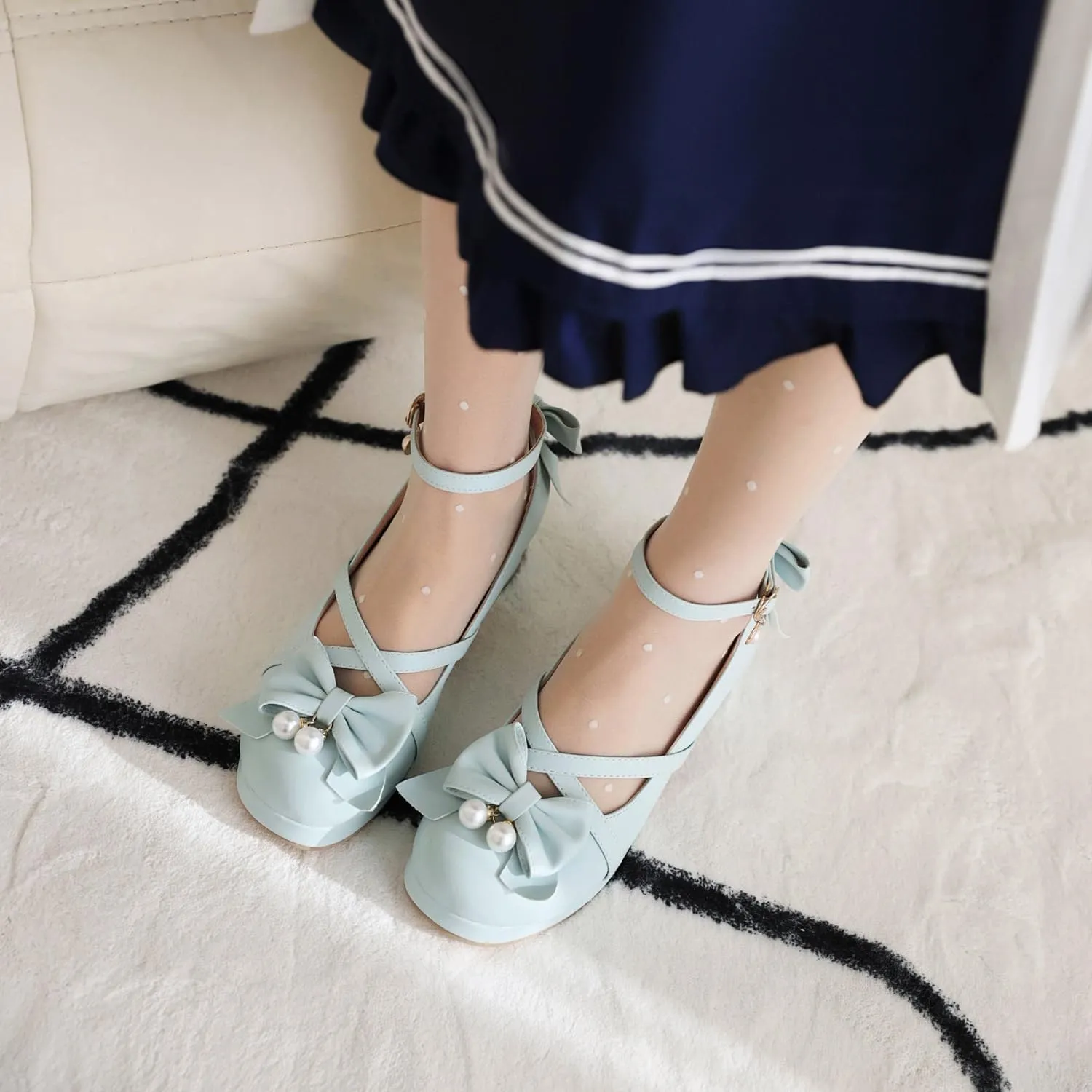 Womens Cute Lolita Platform Cross Strappy Mary Janes Mid Chunky Heel Sweet Bow Ankle Strap Pumps Ladies Wedding Party Cosplay Uniform Dress Shoes