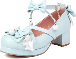 Womens Cute Lolita Platform Cross Strappy Mary Janes Mid Chunky Heel Sweet Bow Ankle Strap Pumps Ladies Wedding Party Cosplay Uniform Dress Shoes
