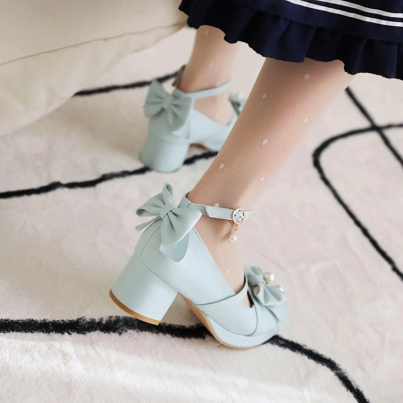 Womens Cute Lolita Platform Cross Strappy Mary Janes Mid Chunky Heel Sweet Bow Ankle Strap Pumps Ladies Wedding Party Cosplay Uniform Dress Shoes