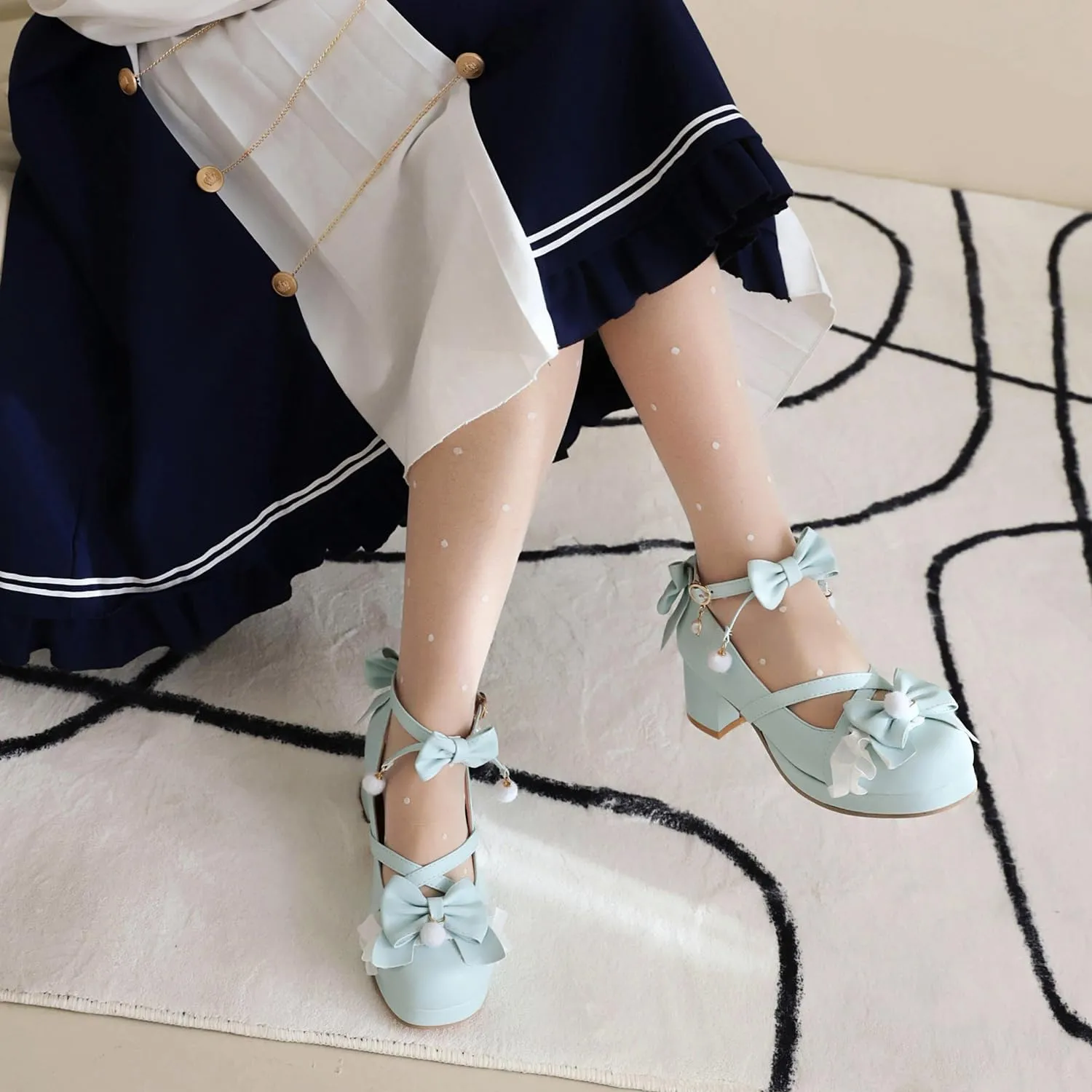 Womens Cute Lolita Platform Cross Strappy Mary Janes Mid Chunky Heel Sweet Bow Ankle Strap Pumps Ladies Wedding Party Cosplay Uniform Dress Shoes