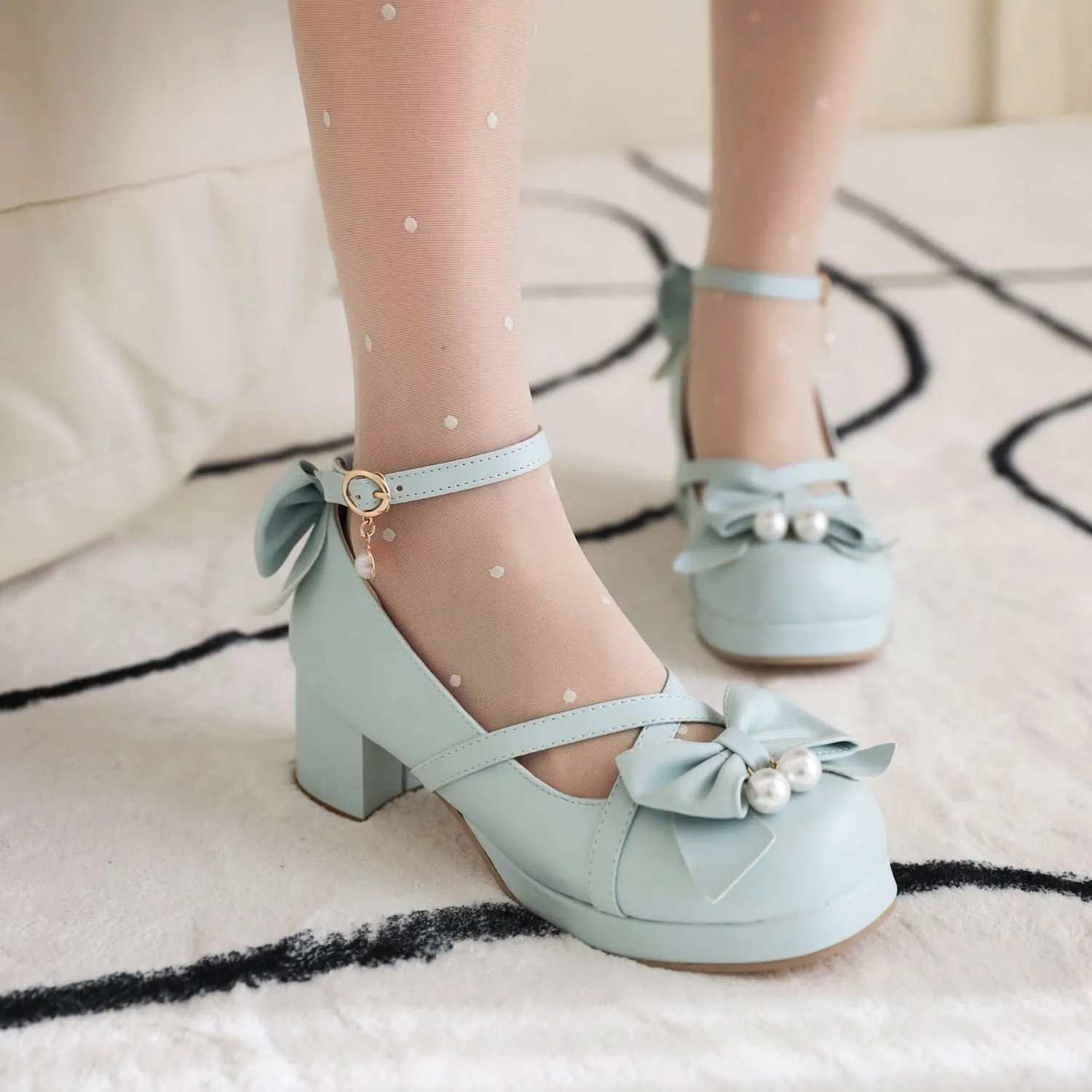 Womens Cute Lolita Platform Cross Strappy Mary Janes Mid Chunky Heel Sweet Bow Ankle Strap Pumps Ladies Wedding Party Cosplay Uniform Dress Shoes