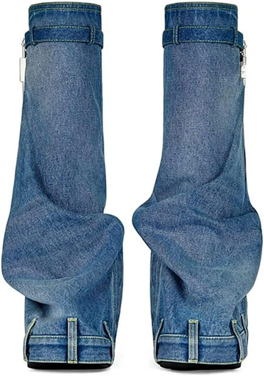 Women's Denim Boots Padlock Fold Over Knee High Platform Boots Pull-On Boots