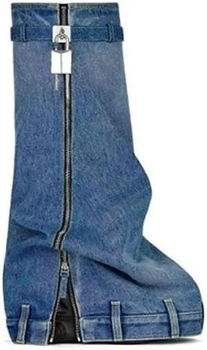 Women's Denim Boots Padlock Fold Over Knee High Platform Boots Pull-On Boots
