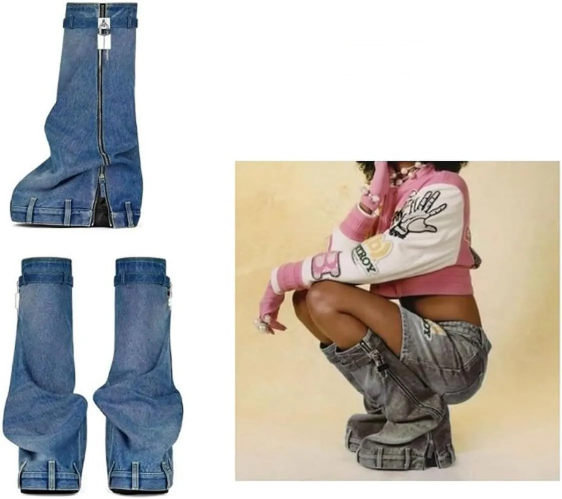 Women's Denim Boots Padlock Fold Over Knee High Platform Boots Pull-On Boots