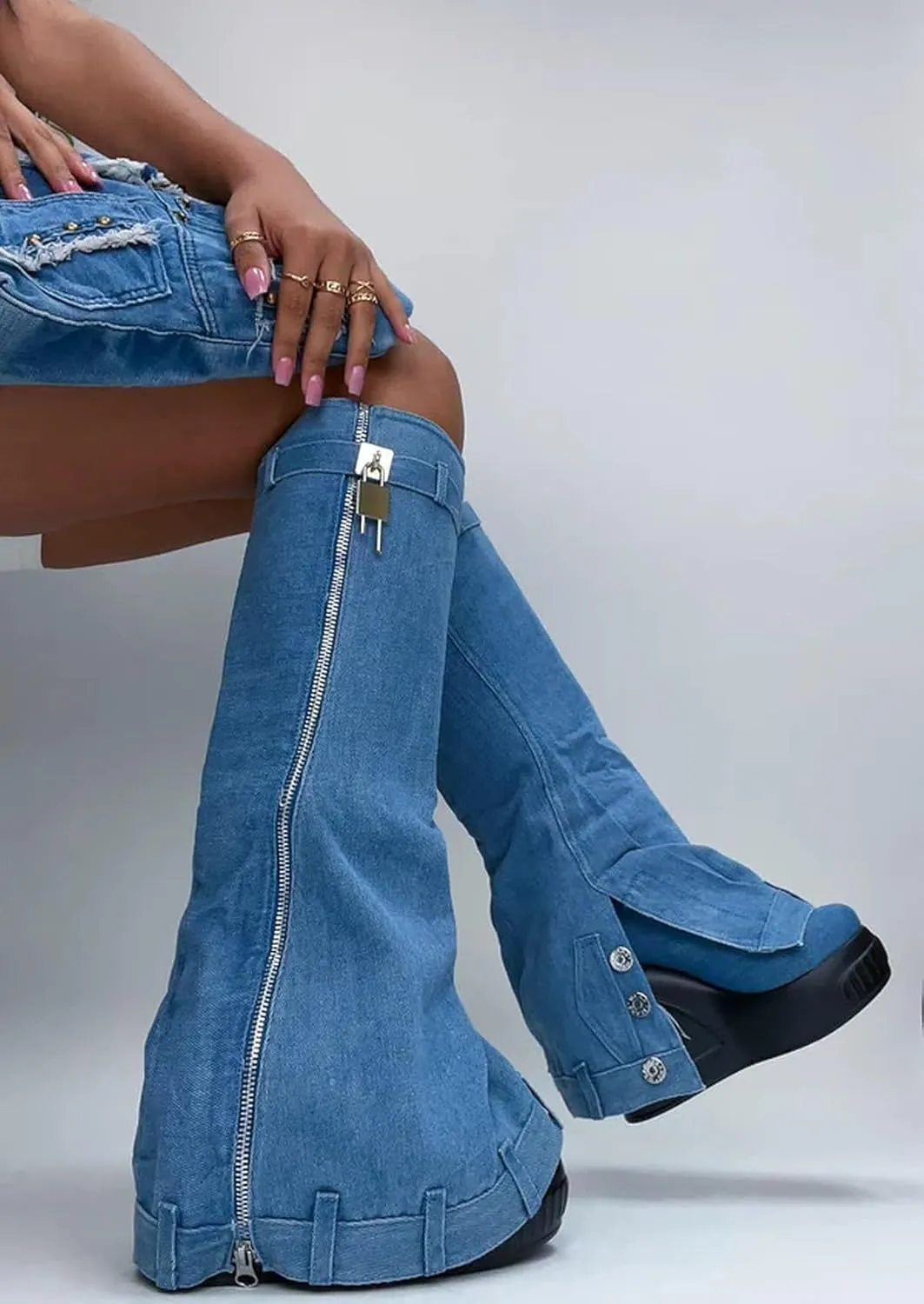 Women's Denim Boots Padlock Fold Over Knee High Platform Boots Pull-On Boots
