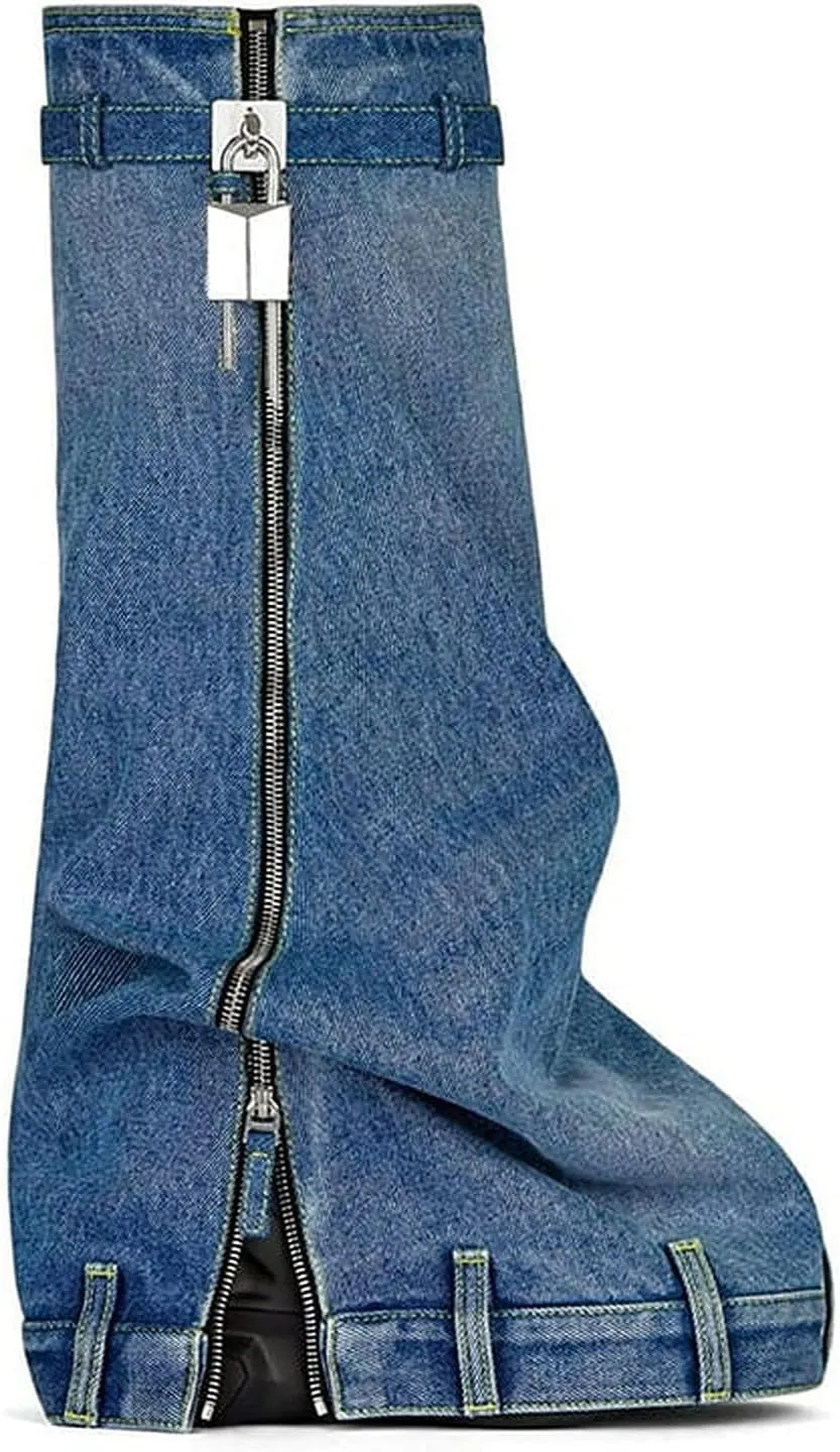 Women's Denim Boots Padlock Fold Over Knee High Platform Boots Pull-On Boots