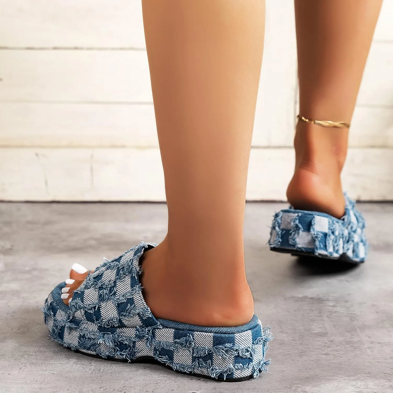 Women's Denim Cloth Heckered Pattern Platform Slides Vintage Thread Edge Open Toe Slip On Comfortable and Non-Slip Slide Boho Sandals