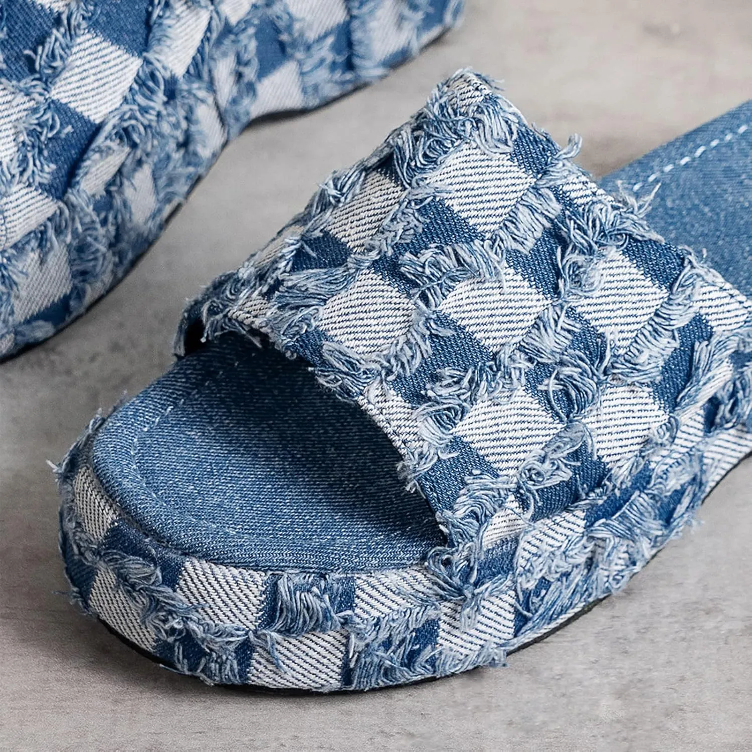 Women's Denim Cloth Heckered Pattern Platform Slides Vintage Thread Edge Open Toe Slip On Comfortable and Non-Slip Slide Boho Sandals