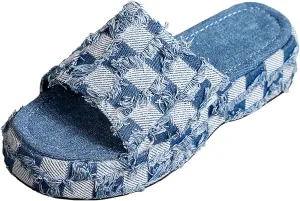 Women's Denim Cloth Heckered Pattern Platform Slides Vintage Thread Edge Open Toe Slip On Comfortable and Non-Slip Slide Boho Sandals