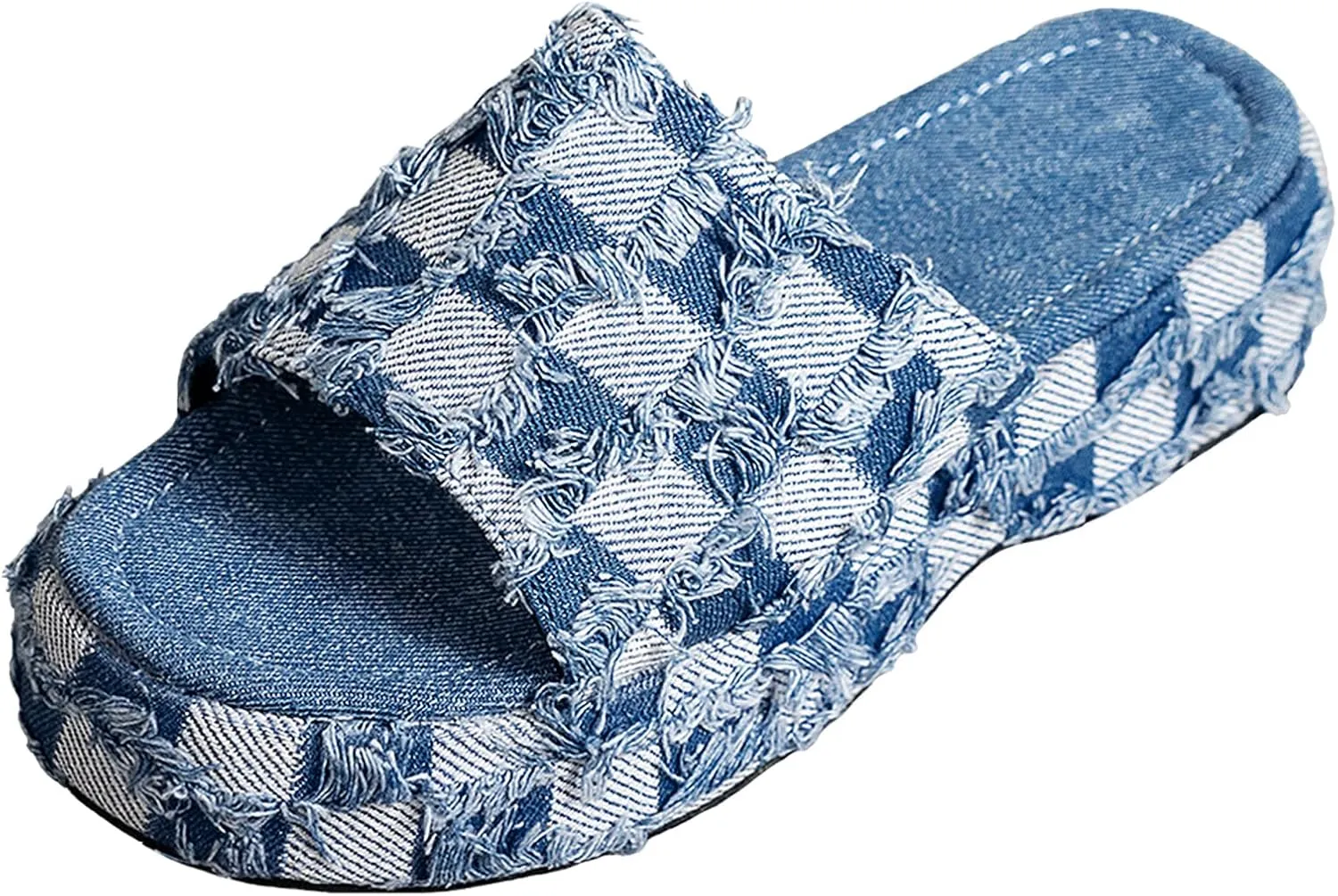 Women's Denim Cloth Heckered Pattern Platform Slides Vintage Thread Edge Open Toe Slip On Comfortable and Non-Slip Slide Boho Sandals