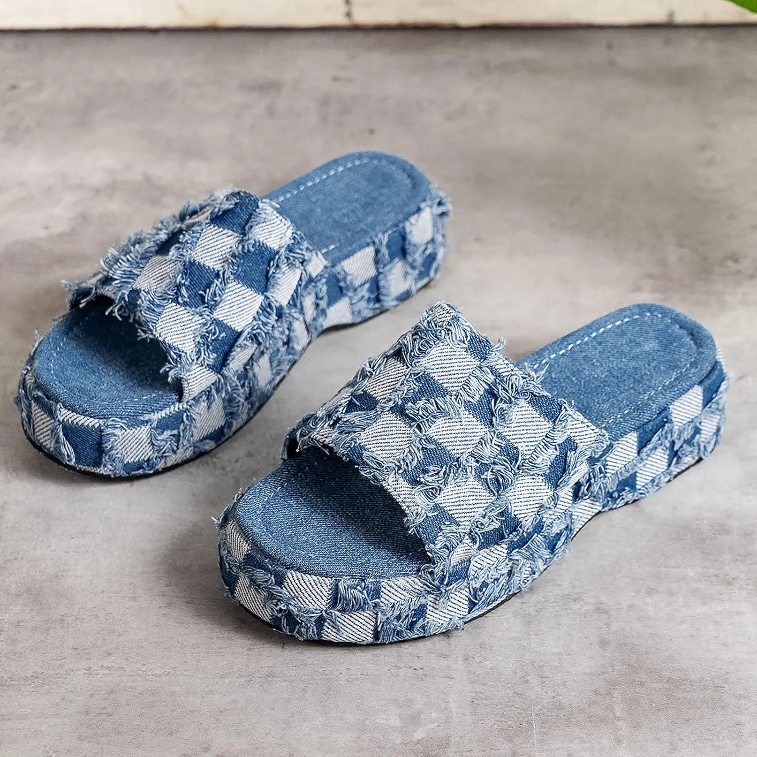 Women's Denim Cloth Heckered Pattern Platform Slides Vintage Thread Edge Open Toe Slip On Comfortable and Non-Slip Slide Boho Sandals