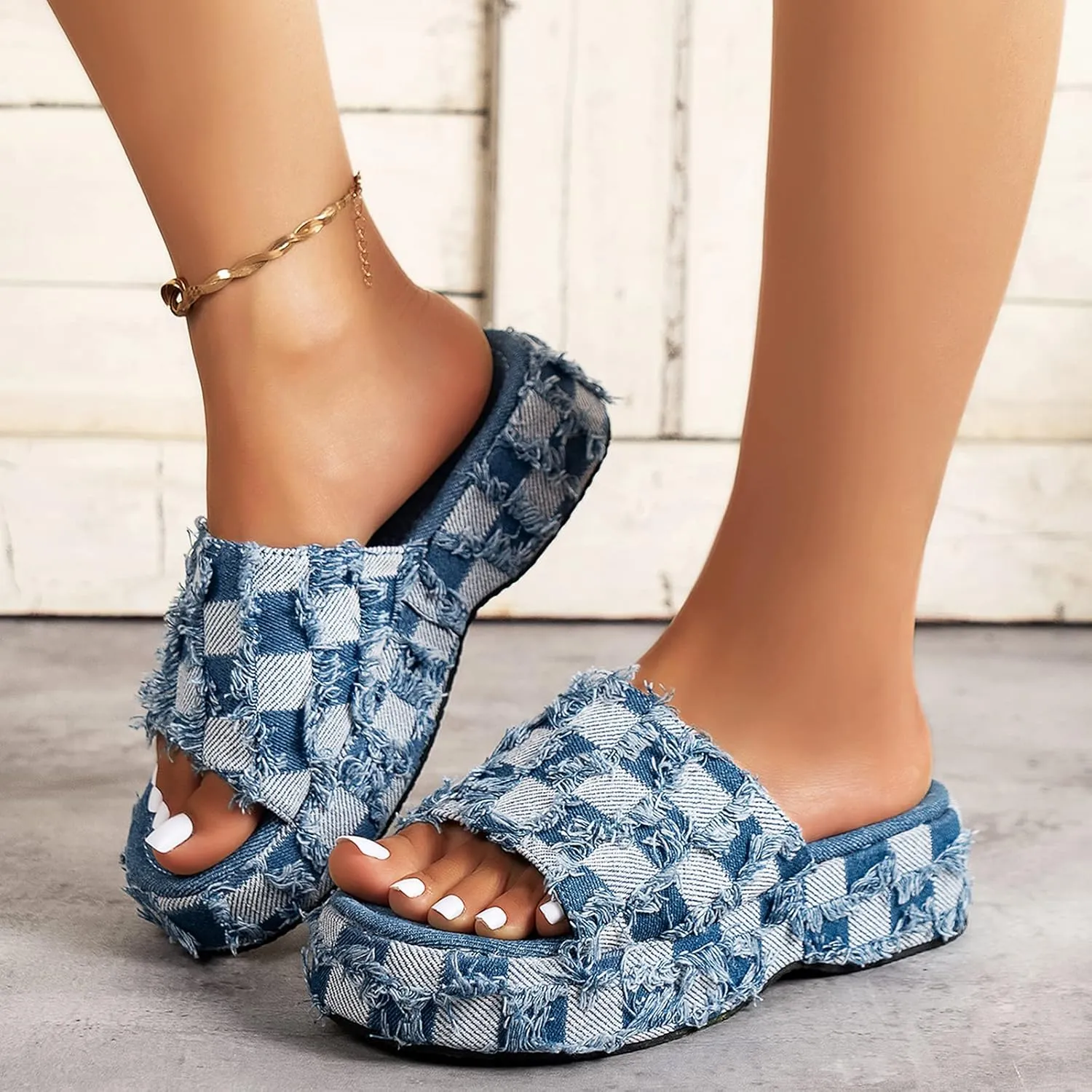 Women's Denim Cloth Heckered Pattern Platform Slides Vintage Thread Edge Open Toe Slip On Comfortable and Non-Slip Slide Boho Sandals