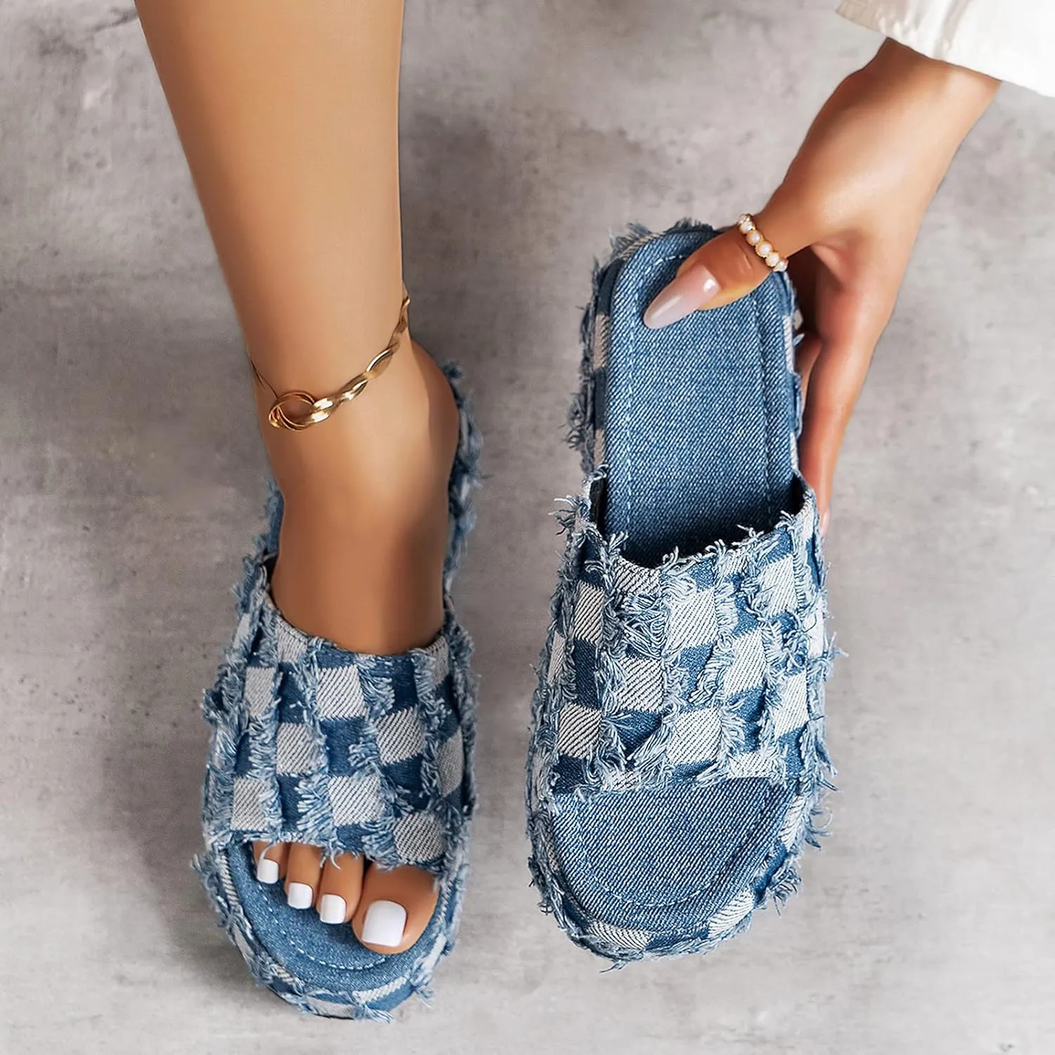 Women's Denim Cloth Heckered Pattern Platform Slides Vintage Thread Edge Open Toe Slip On Comfortable and Non-Slip Slide Boho Sandals