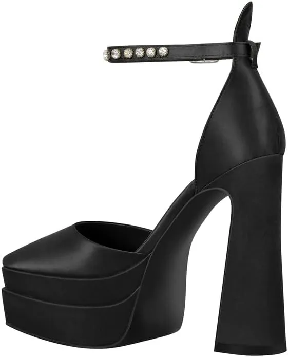 Women’s Double High Chunky Platform Pointed Closed Toe Chunky Heels Ankle Strap Rhinestone Pumps Shoes for Dress Wedding Party