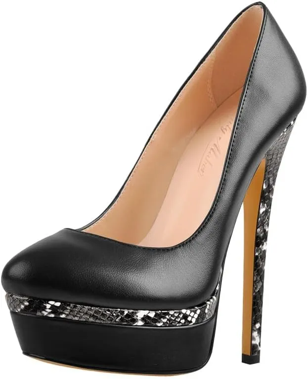 Women's Double Platform Round Closed Toe Stiletto High Heel Pumps