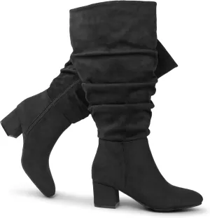 Women's Extra Wide Calf Dress Boots Slouchy Suede Boots with Block Heel
