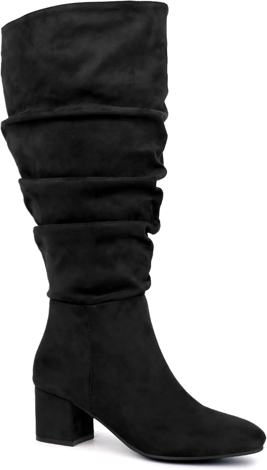 Women's Extra Wide Calf Dress Boots Slouchy Suede Boots with Block Heel