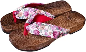 Women's Flip Flops Clogs Slippers,Burnt Paulownia Clogs Slippers,Japanese Traditional Clogs Geta Flat Sandals Round Headed Wooden Clogs Shoes(Size:EU 37,Color:Pink)