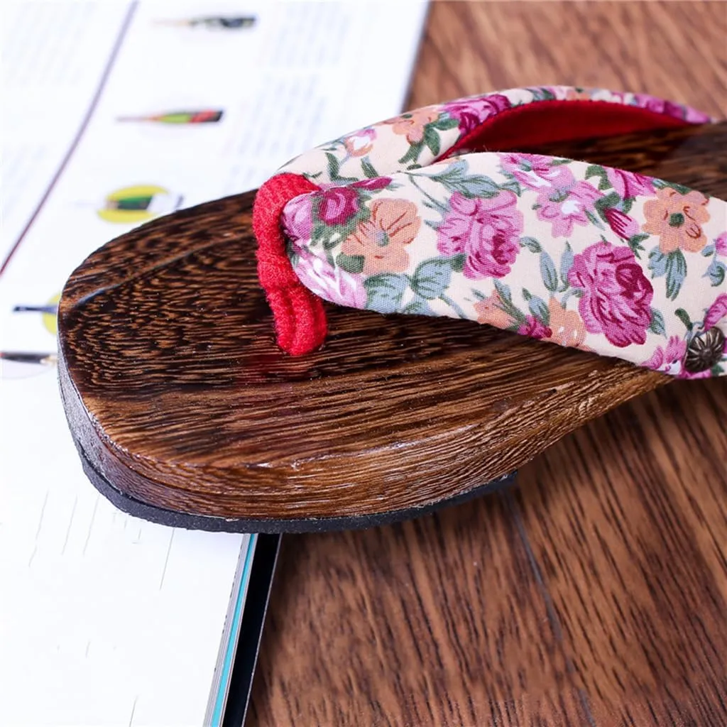 Women's Flip Flops Clogs Slippers,Burnt Paulownia Clogs Slippers,Japanese Traditional Clogs Geta Flat Sandals Round Headed Wooden Clogs Shoes(Size:EU 37,Color:Pink)
