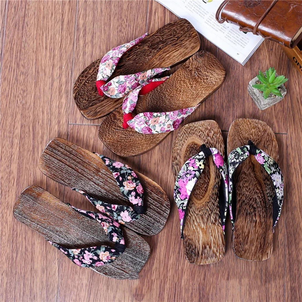 Women's Flip Flops Clogs Slippers,Burnt Paulownia Clogs Slippers,Japanese Traditional Clogs Geta Flat Sandals Round Headed Wooden Clogs Shoes(Size:EU 37,Color:Pink)