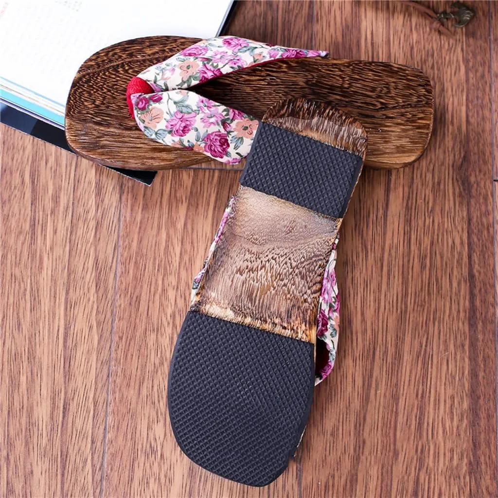 Women's Flip Flops Clogs Slippers,Burnt Paulownia Clogs Slippers,Japanese Traditional Clogs Geta Flat Sandals Round Headed Wooden Clogs Shoes(Size:EU 37,Color:Pink)