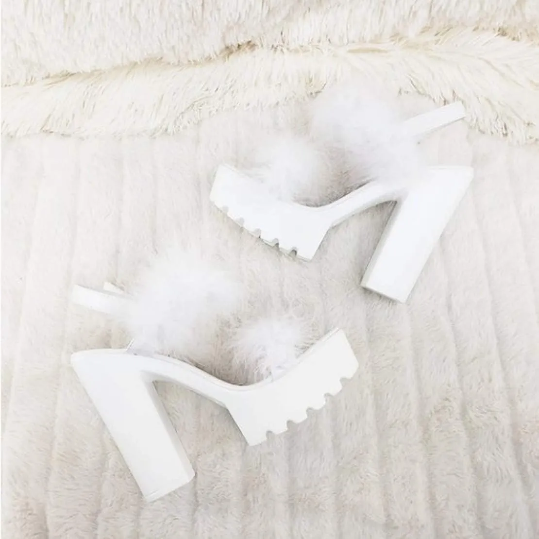 Women's Fur Ankle Strap High Heel Sandals Open Toe Chunky Heels with Feather Shoes