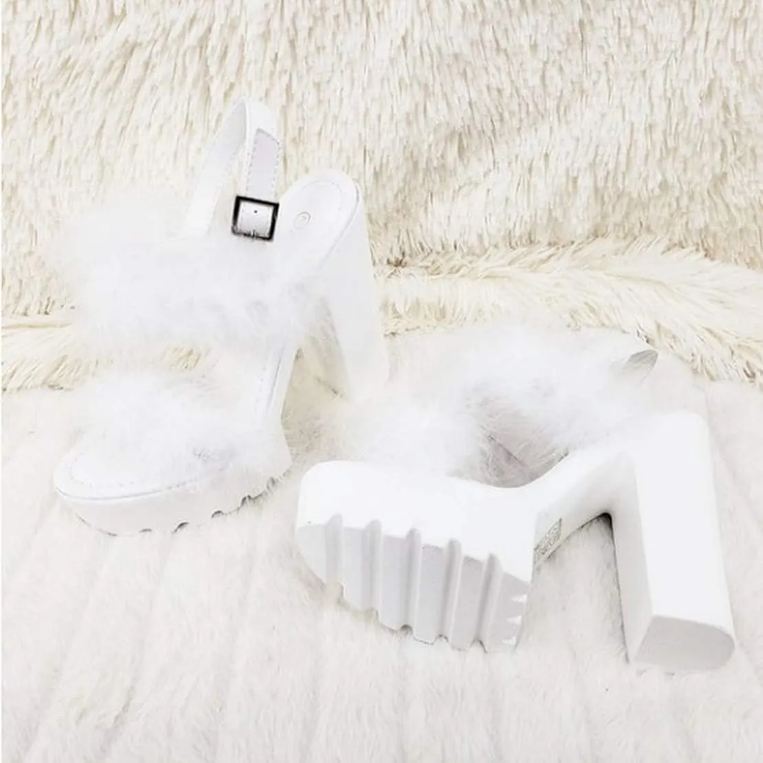 Women's Fur Ankle Strap High Heel Sandals Open Toe Chunky Heels with Feather Shoes