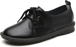 Women's Genuine Leather Lace-Up Soft Sole Flat Fashion Round Toe Handmade Lightweight Slip-On Flat Walking Shoes for Office Work