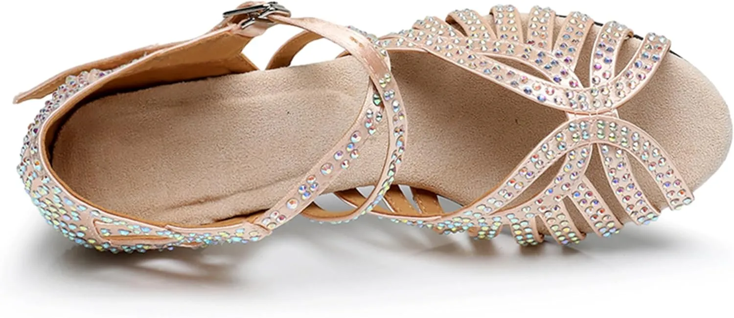 Womens Girls Heels for Dance Class Rhinestones Beaded Ballroom Shoes Bridal Wedding Sandals X2206