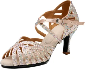 Womens Girls Heels for Dance Class Rhinestones Beaded Ballroom Shoes Bridal Wedding Sandals X2206