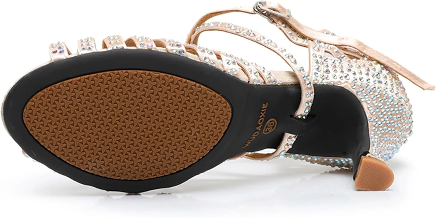 Womens Girls Heels for Dance Class Rhinestones Beaded Ballroom Shoes Bridal Wedding Sandals X2206