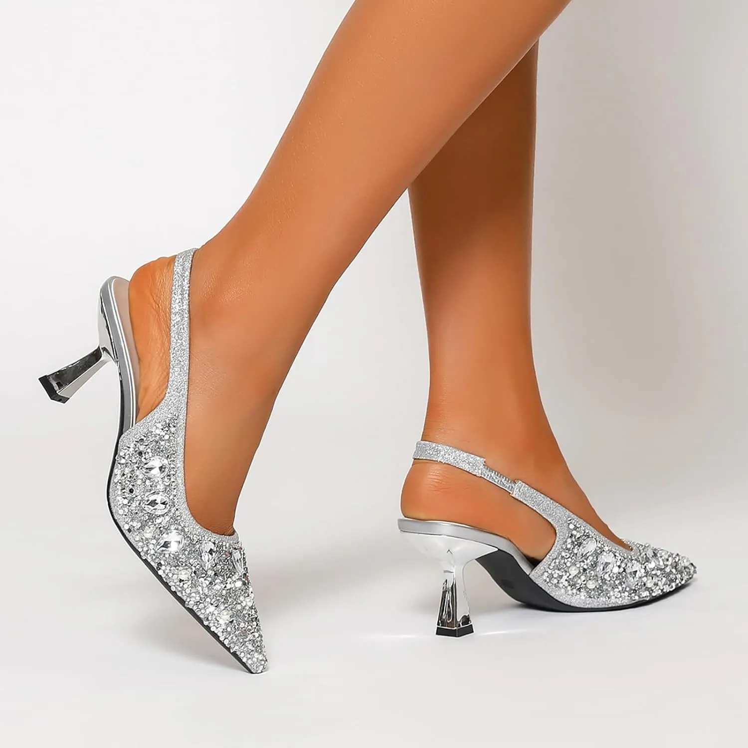 Women's Glitter Rhinestones Leather Slingback Pumps Fashion Comfort Pointed Closed Toe Slip On Kitten High Heels Party Wedding Dressy Shoes