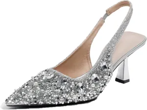 Women's Glitter Rhinestones Leather Slingback Pumps Fashion Comfort Pointed Closed Toe Slip On Kitten High Heels Party Wedding Dressy Shoes