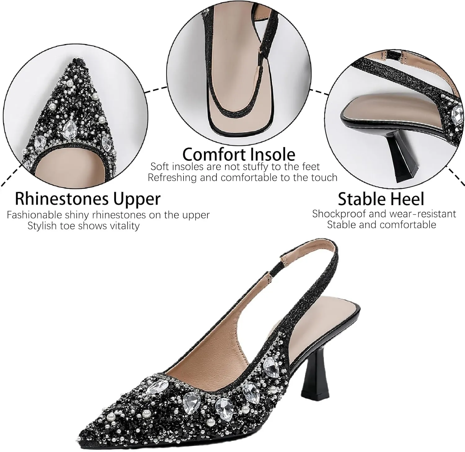 Women's Glitter Rhinestones Leather Slingback Pumps Fashion Comfort Pointed Closed Toe Slip On Kitten High Heels Party Wedding Dressy Shoes
