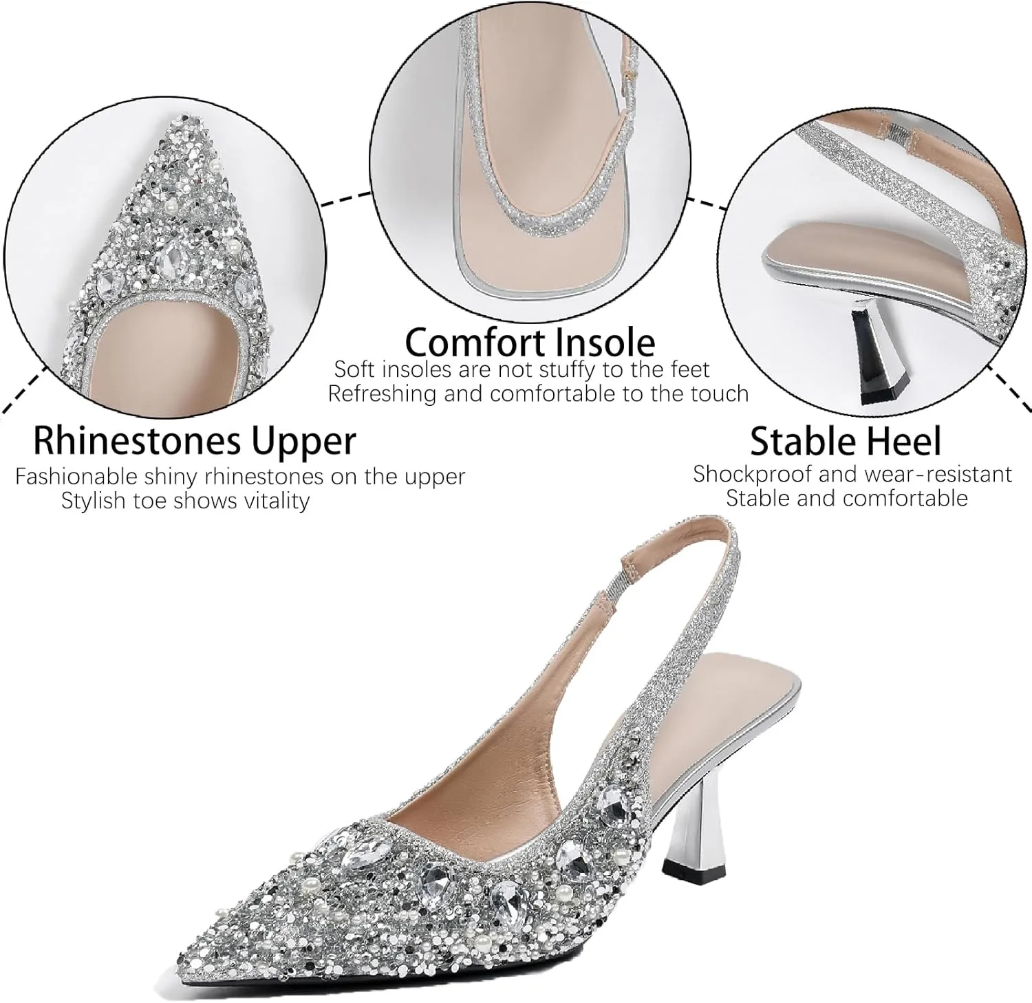 Women's Glitter Rhinestones Leather Slingback Pumps Fashion Comfort Pointed Closed Toe Slip On Kitten High Heels Party Wedding Dressy Shoes