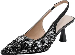 Women's Glitter Rhinestones Leather Slingback Pumps Fashion Comfort Pointed Closed Toe Slip On Kitten High Heels Party Wedding Dressy Shoes