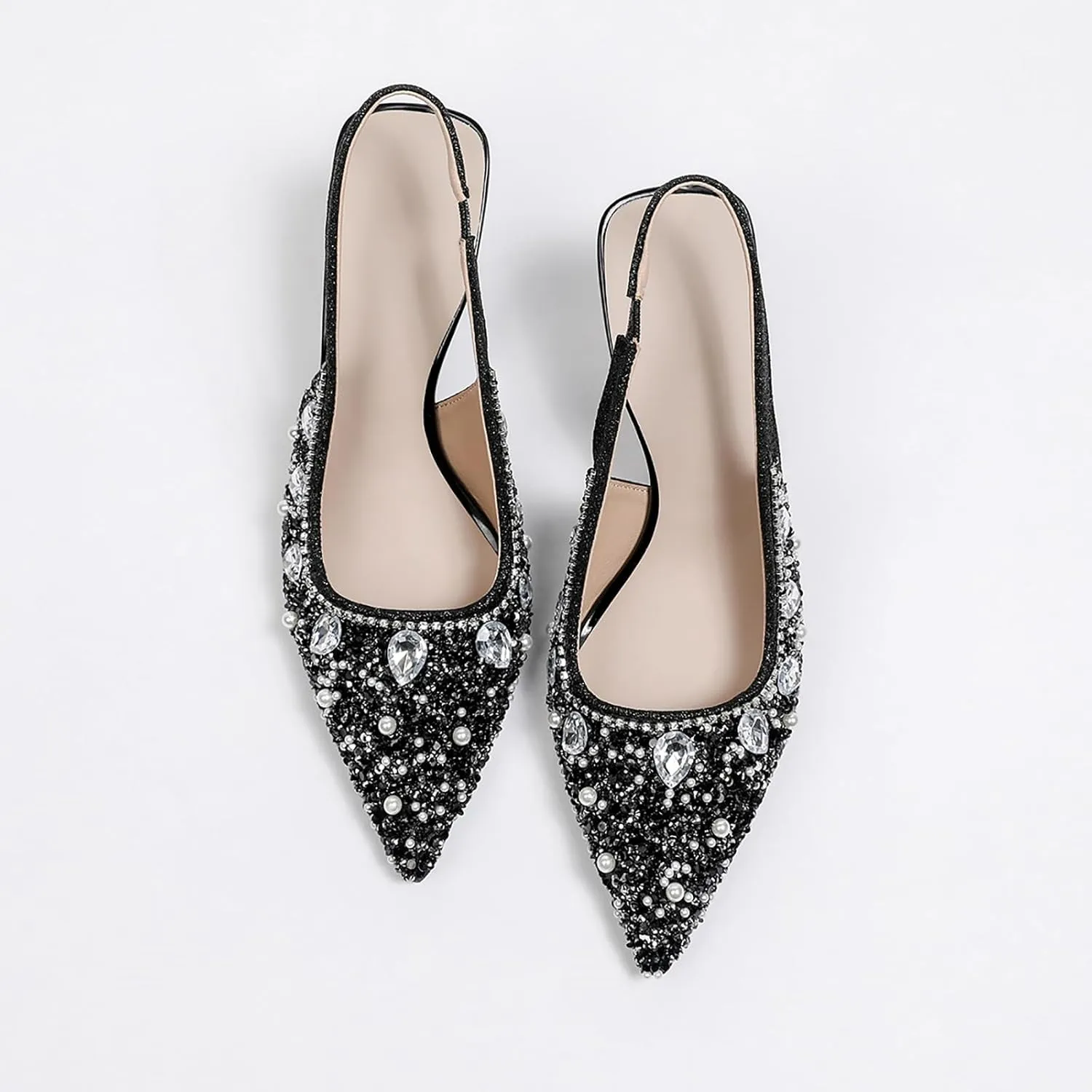Women's Glitter Rhinestones Leather Slingback Pumps Fashion Comfort Pointed Closed Toe Slip On Kitten High Heels Party Wedding Dressy Shoes