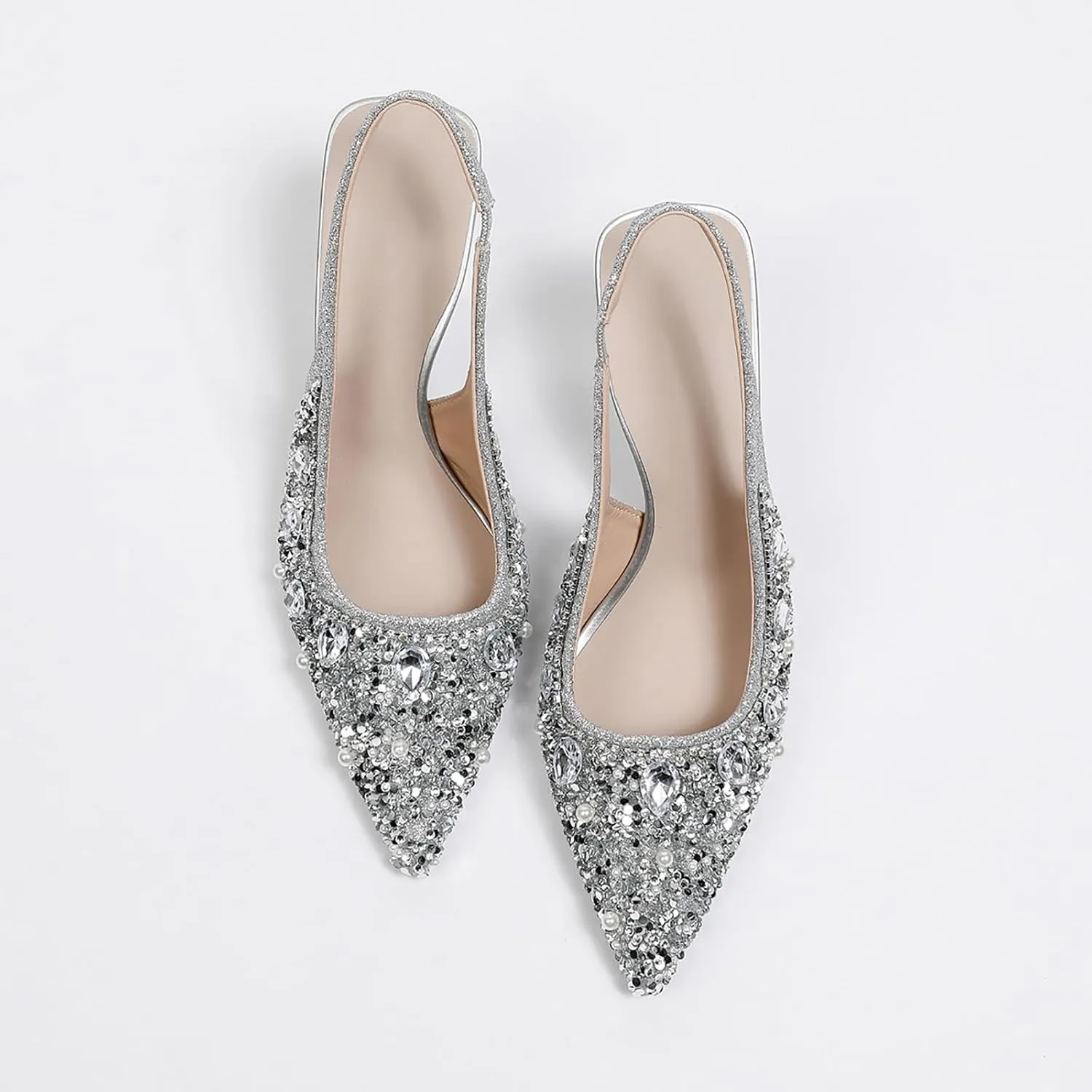 Women's Glitter Rhinestones Leather Slingback Pumps Fashion Comfort Pointed Closed Toe Slip On Kitten High Heels Party Wedding Dressy Shoes
