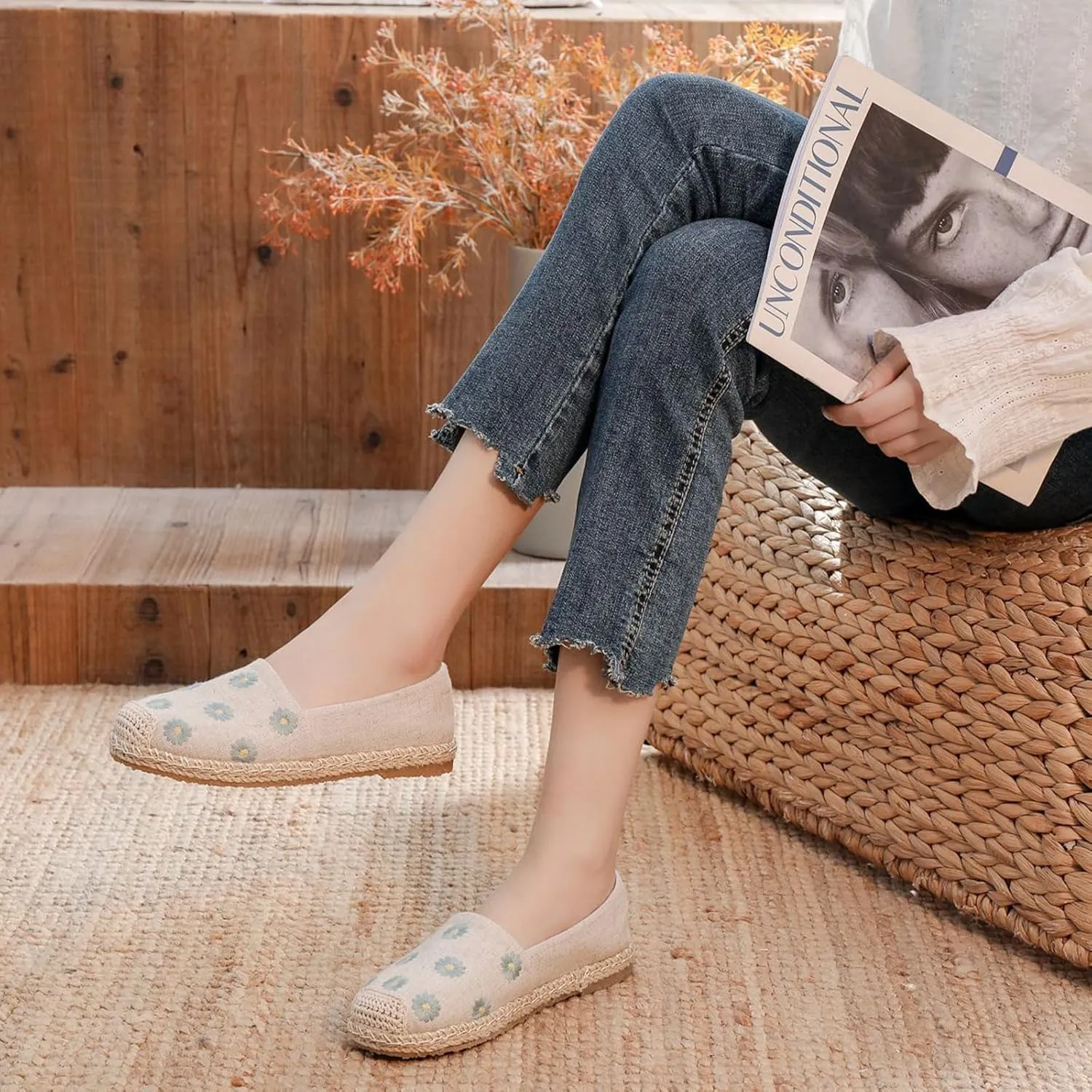 Women's Handmade Retro Soft Linen Shoes, Fashion Traditional Chinese Flat Heel Casual Footwear, Breathable Slip on Embroider Flat Shoes,8,Beige