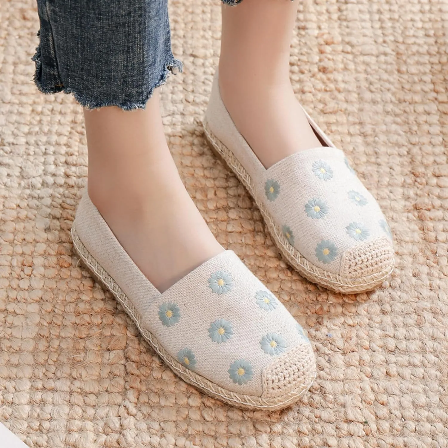 Women's Handmade Retro Soft Linen Shoes, Fashion Traditional Chinese Flat Heel Casual Footwear, Breathable Slip on Embroider Flat Shoes,8,Beige